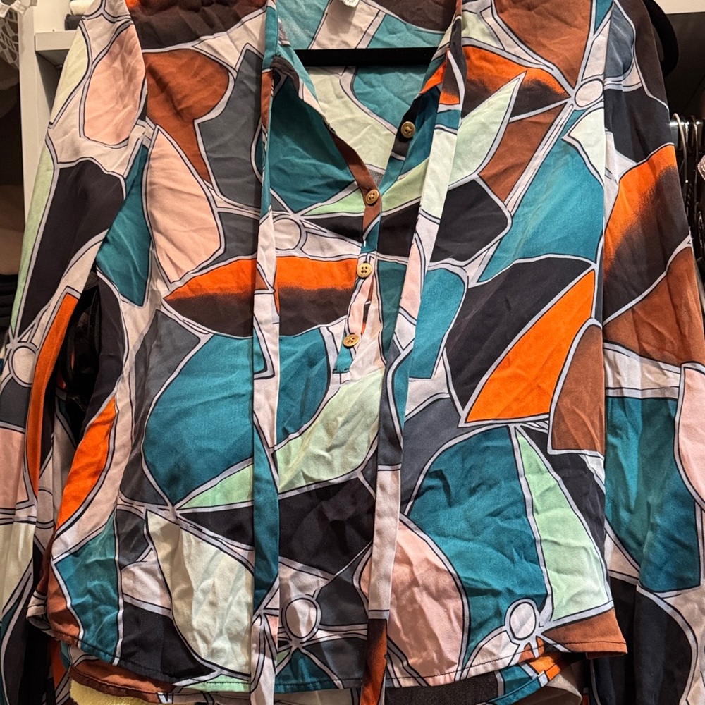 DVF Colorful Geometric 1/4 Button-Up Blouse